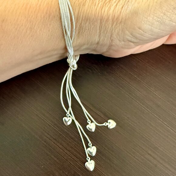 NEW Sterling Silver Tassel Heart Charm Bracelet Resizable Adjustable - Picture 2 of 7